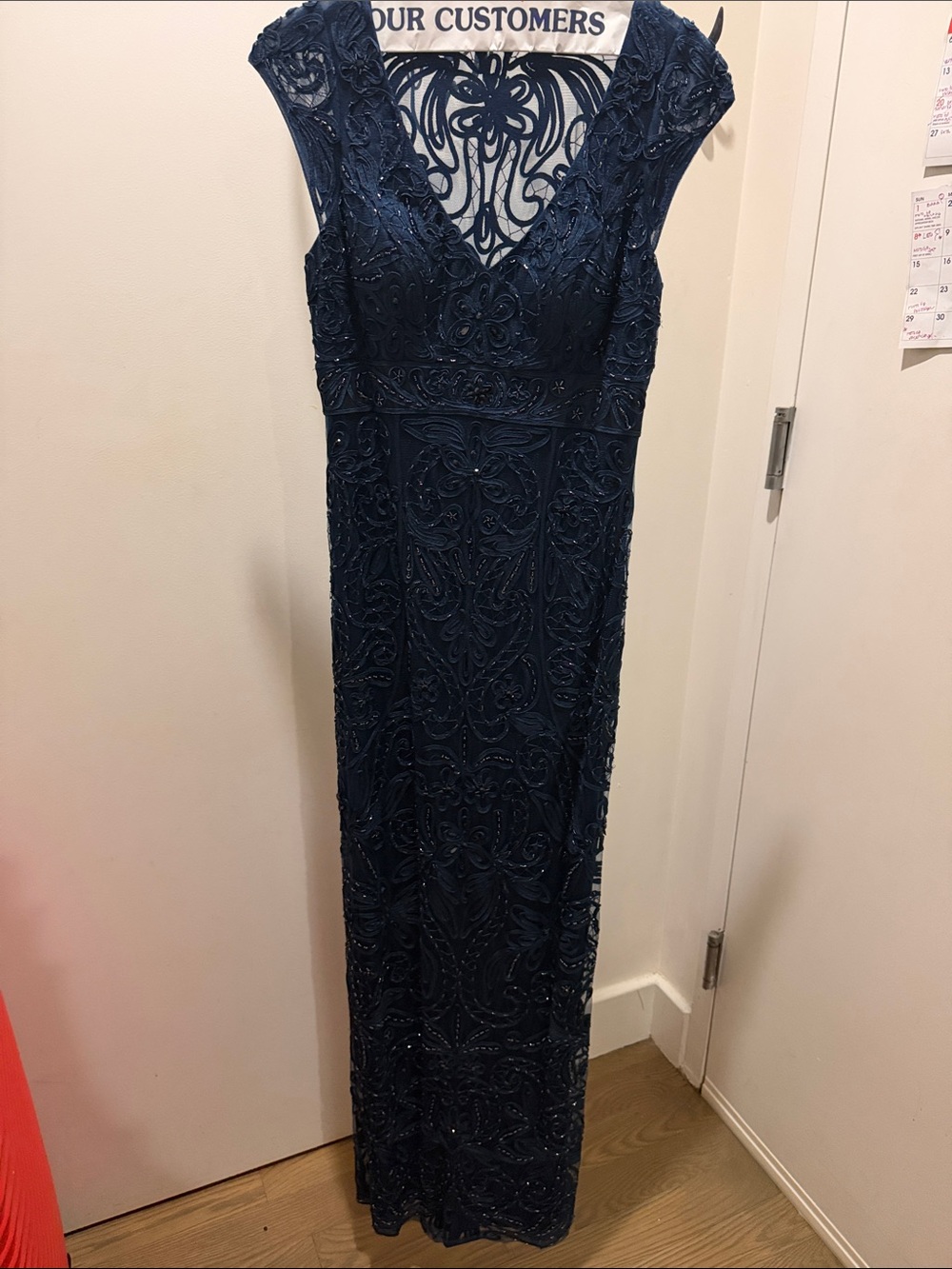 Sue Wong Navy Beaded V-Neck Embellished Maxi Dress